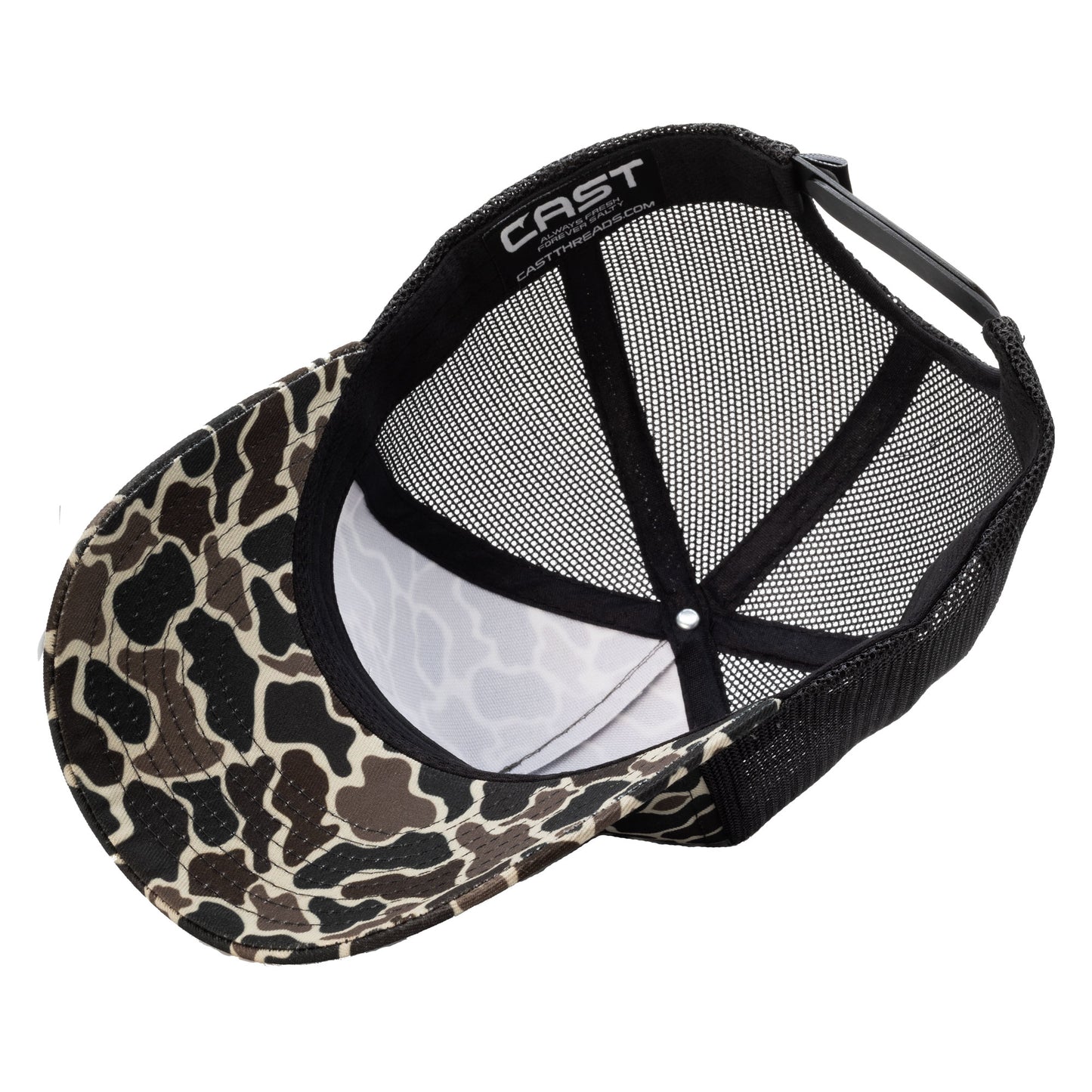 Vintage Camo Snapback Hat – 7-Panel Curve Bill Fishing Cap | CastThreads