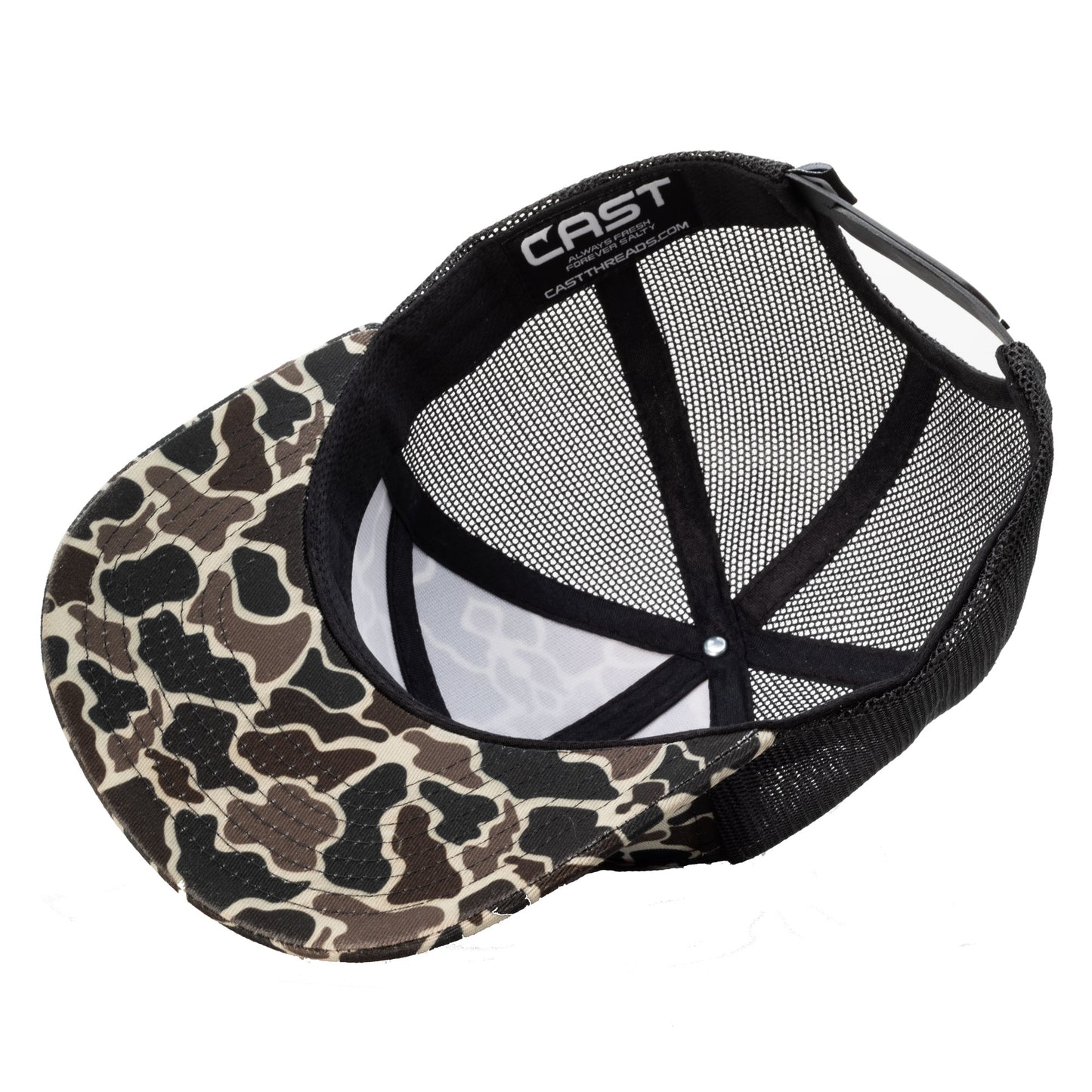 Vintage Camo Snapback Hat – 7-Panel Flat Bill Fishing Cap | Cast Camo Flat Bill