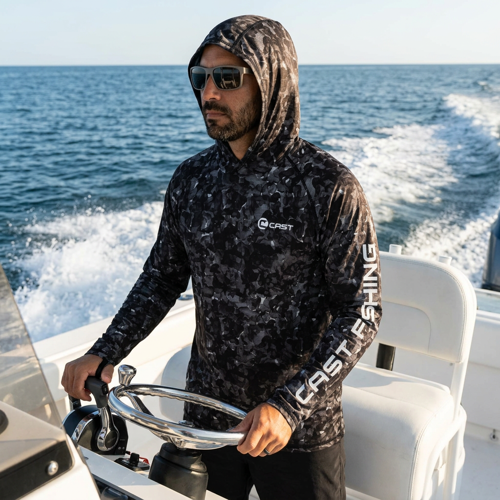 Man at the helm of a center-console boat underway, hood up, in the Black Aqua BreezeTec hooded shirt