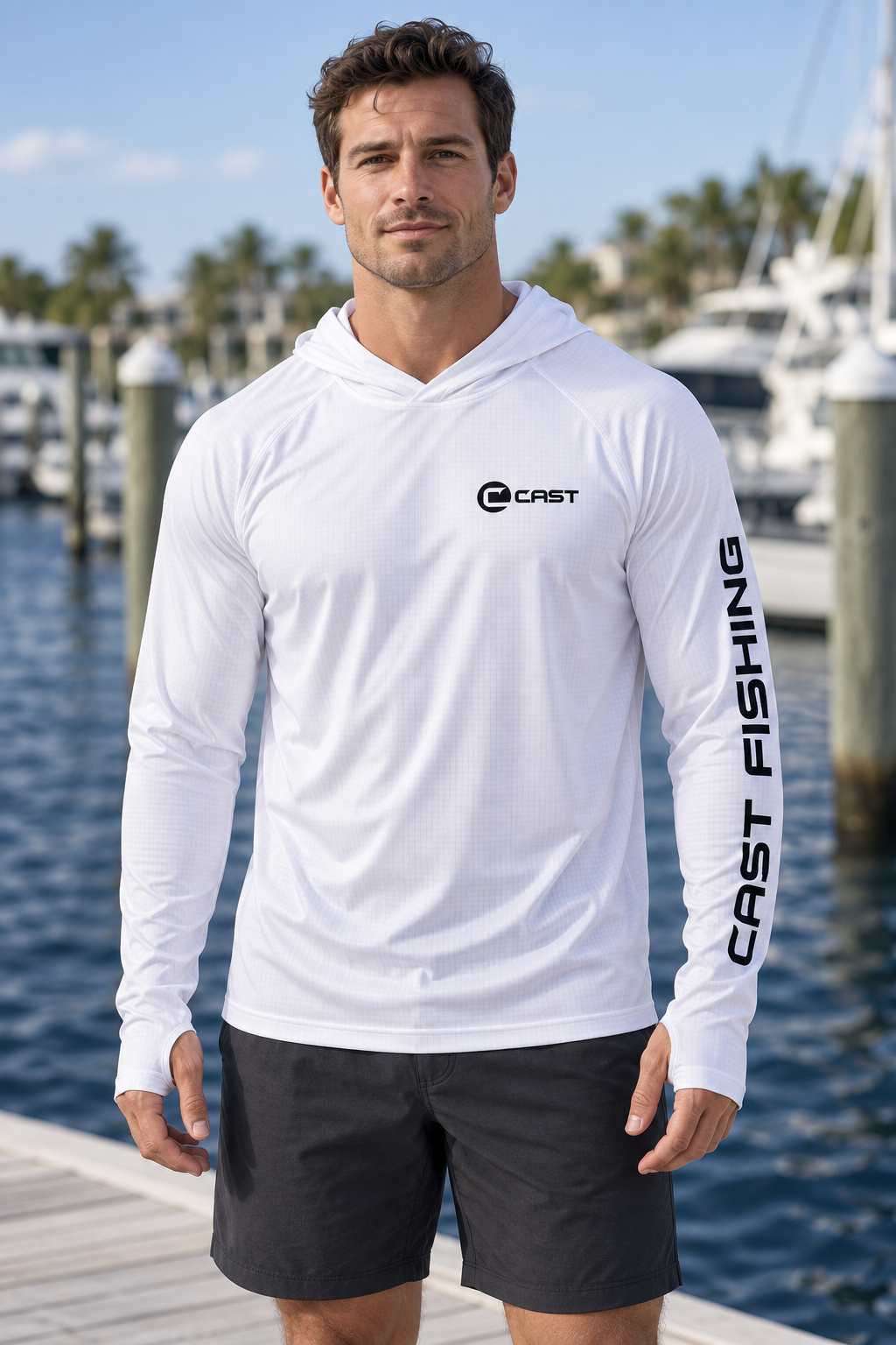 Man wearing a white CastThreads BreezeTec hooded performance shirt with CAST FISHING sleeve branding at a marina.