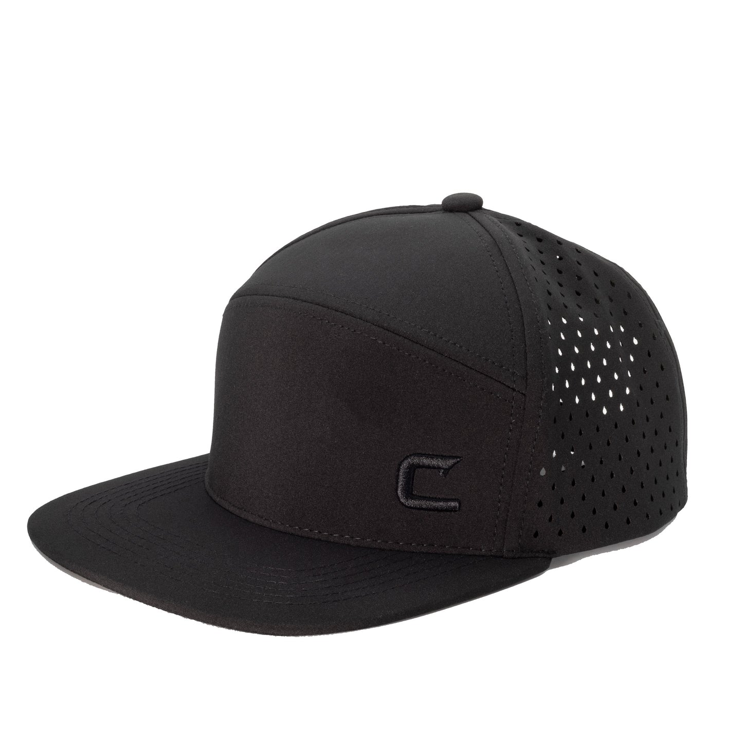 Cast Black Water Repellant Snapback Hat - Flat Bill - C Logo-Horizontal Front Panel