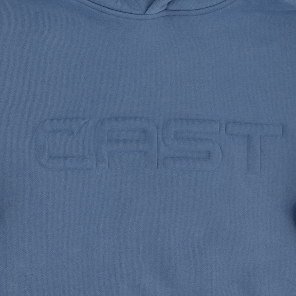Tone-on-tone puffed CAST emboss on the Light Blue Reel Heavy hoodie