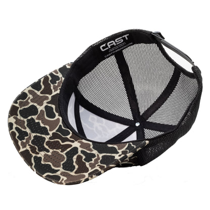 Vintage Camo Snapback Hat – 7-Panel Flat Bill Fishing Cap | Cast Camo Flat Bill