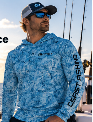 Man wearing CAST BreezeTec Aqua Camo hooded performance shirt on the water