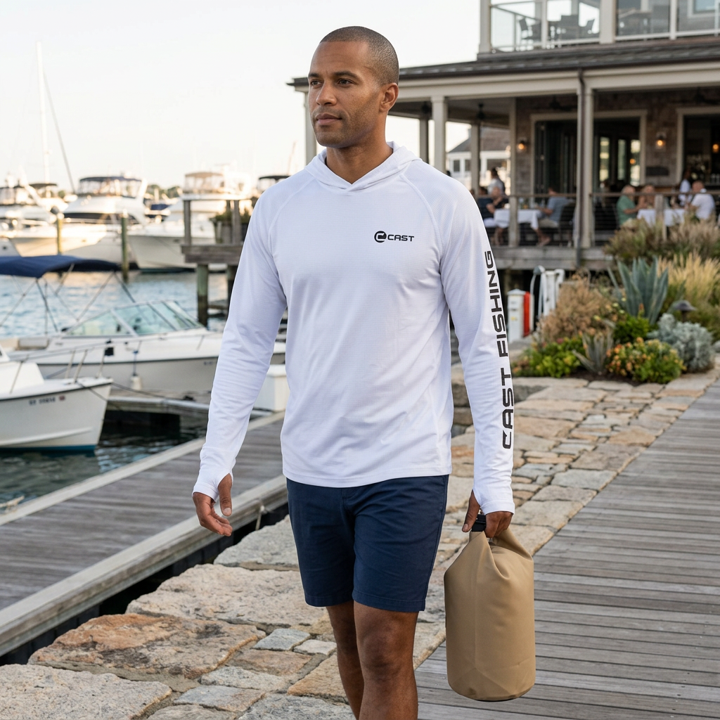 Man in the White BreezeTec hooded shirt walking through a marina toward a waterfront restaurant, carrying a dry bag