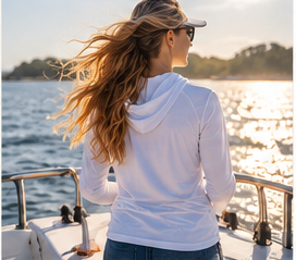 Woman wearing white CAST BreezeTec hooded performance shirt on the water at sunset