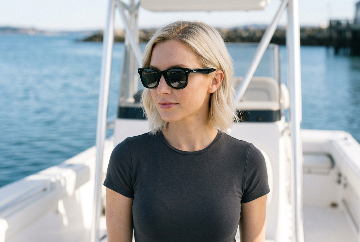 Blonde model wearing CAST Carolinas Black sunglasses on a boat