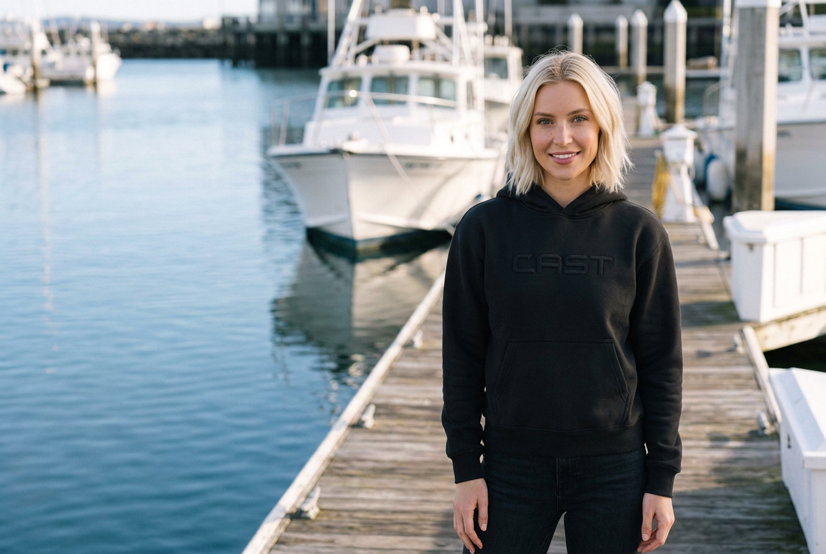 Blonde model wearing Black CAST Reel Heavy heavyweight hoodie