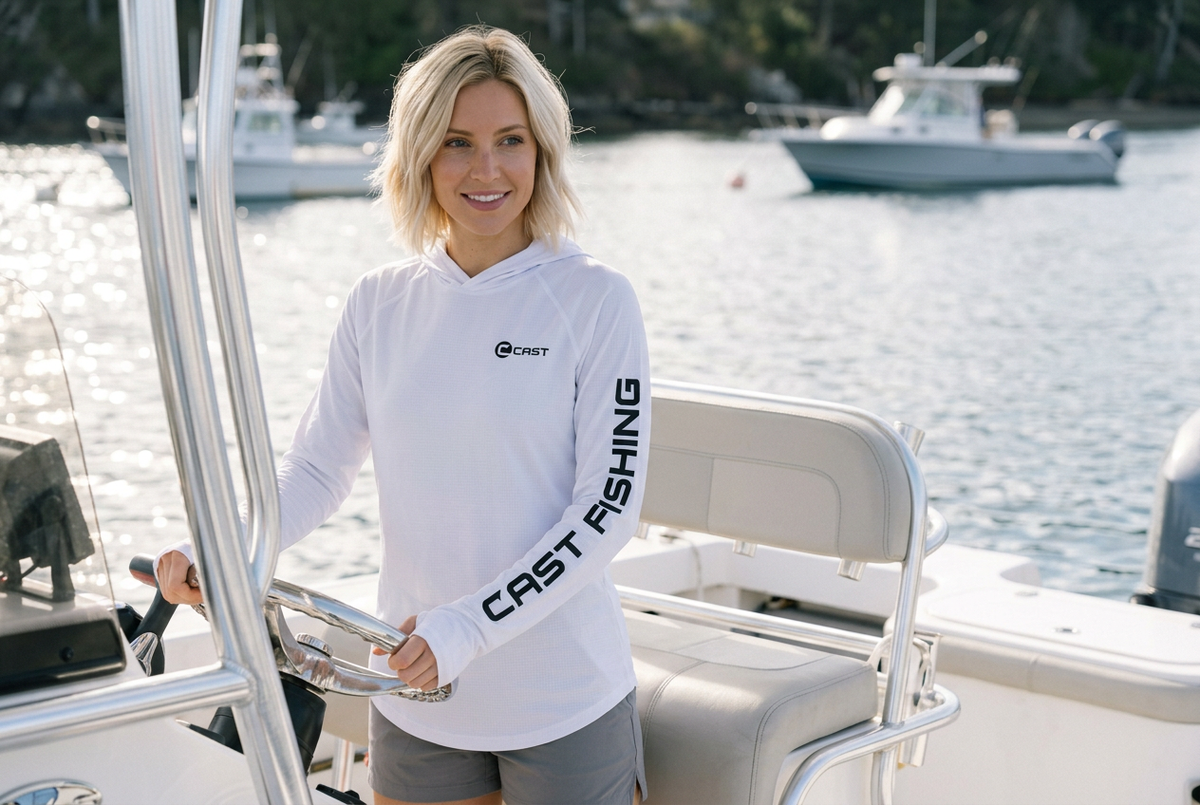 Blonde model in white CAST Women's BreezeTec at the helm of a center console