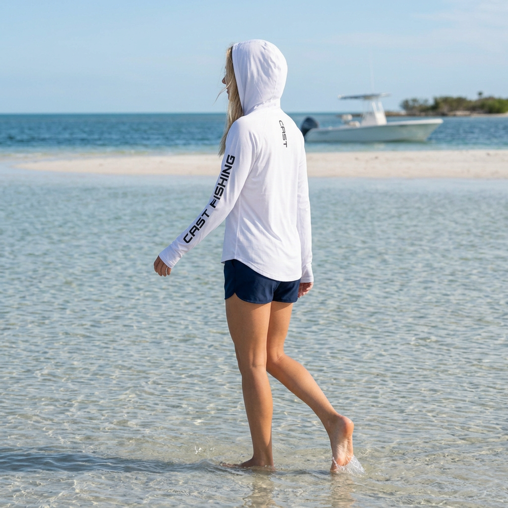 Rear three-quarter view of the White BreezeTec hooded shirt with hood up