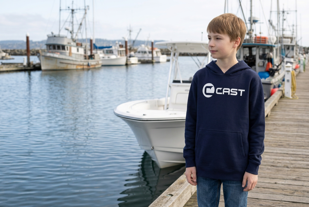 Kids wearing navy CAST fleece hoodie at the marina