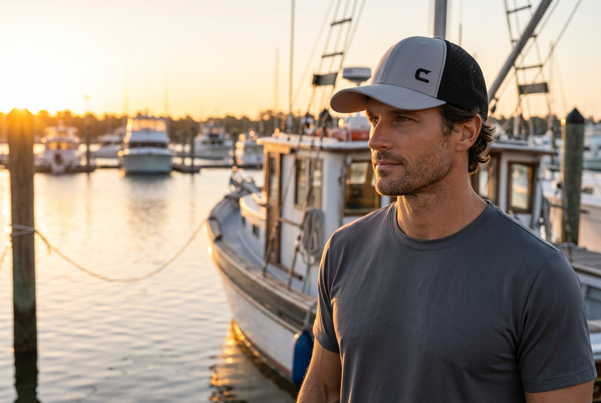 Male model wearing CAST DriftShield Cement Curve at marina