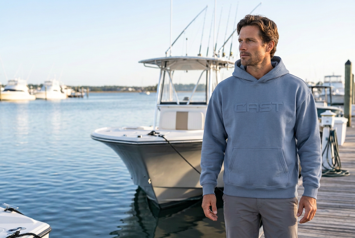 CAST Reel Heavy light blue hoodie lifestyle